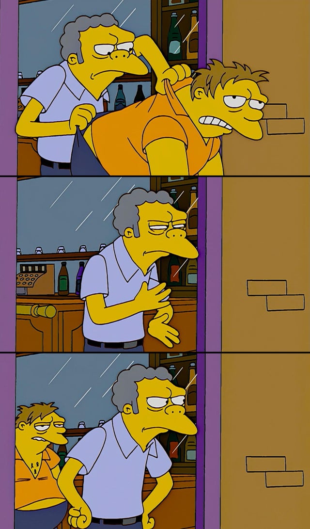 Sticker template meme moe throws barney simpsons moe barney virer bar expulsion jeter dehors alcool dehors ivrogne tavernier reaction par risibot