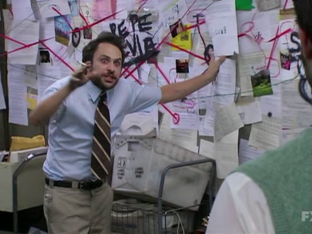 Sticker template meme charlie conspiracy always sunny charlie day complot tableau ficelles theorie du complot paranoia explication cloue au mur serie reaction drole par risibot