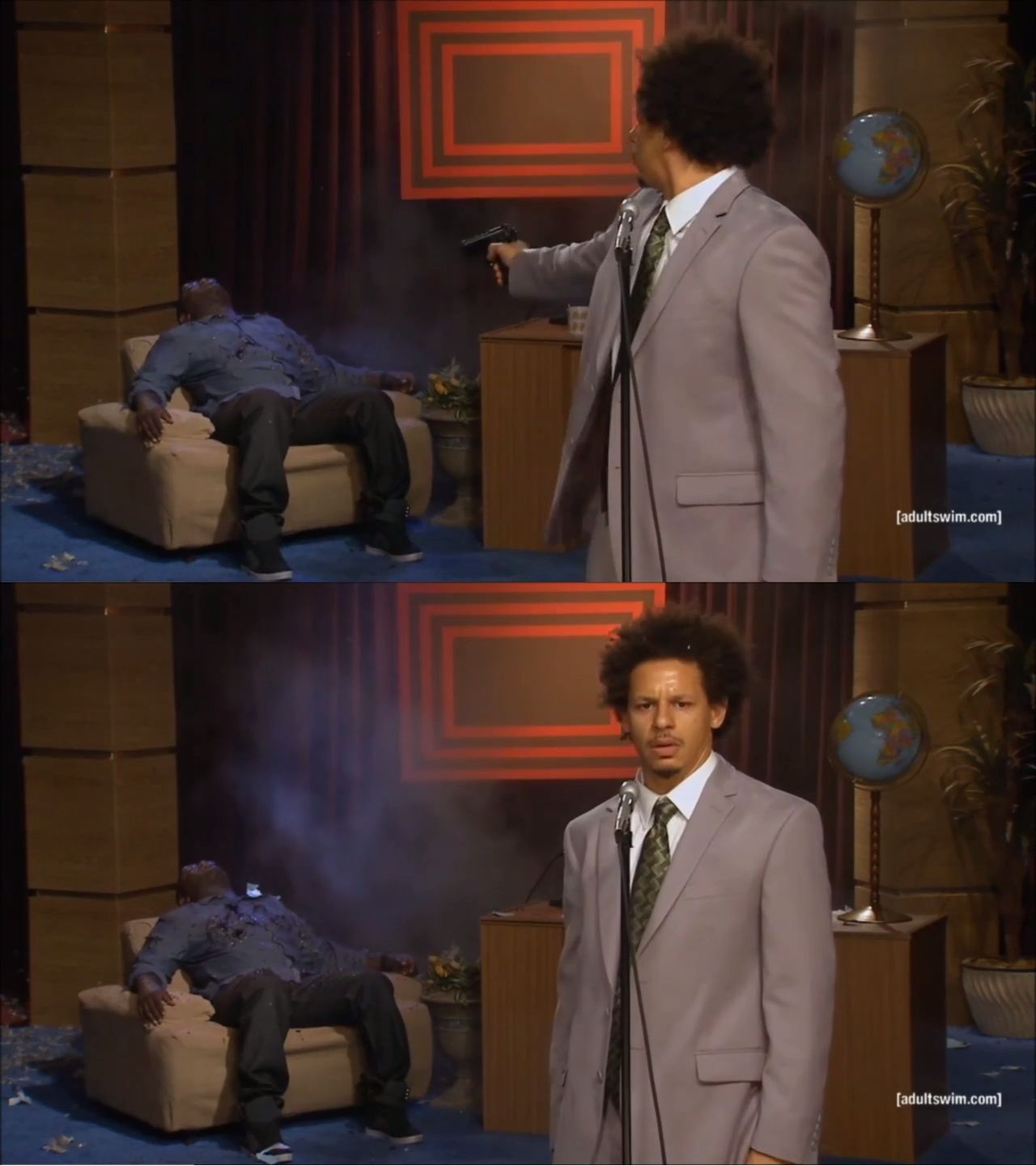 Sticker template meme who killed hannibal eric andre hannibal buress meurtre cadavre pistolet talk show interrogatoire coupable accusation reaction drole par risibot