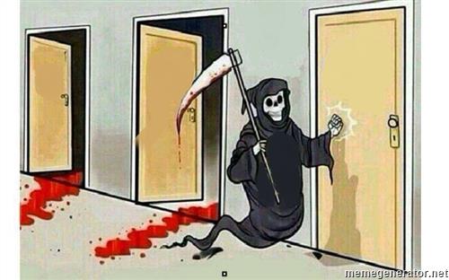 Sticker template meme grim reaper knocking door faucheuse mort porte sang frappe ordre des portes macabre maison horreur reaction drole par risibot
