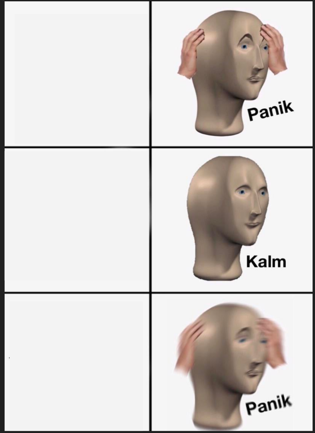 Sticker template meme panik kalm panik panique calme stonks meme man stress angoisse soulagement montagnes russes puis panique reaction drole par risibot