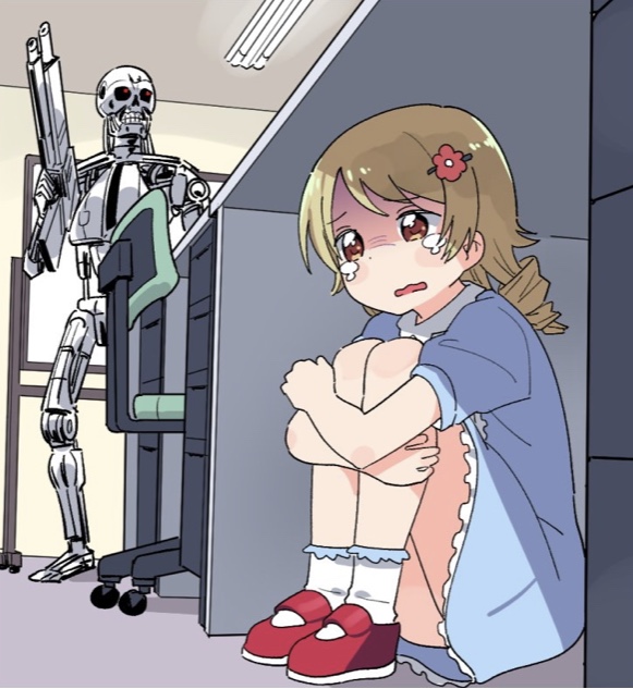 Sticker template meme terminator fille anime peur cachee robot tueur manga fuite panique reaction drole par risibot