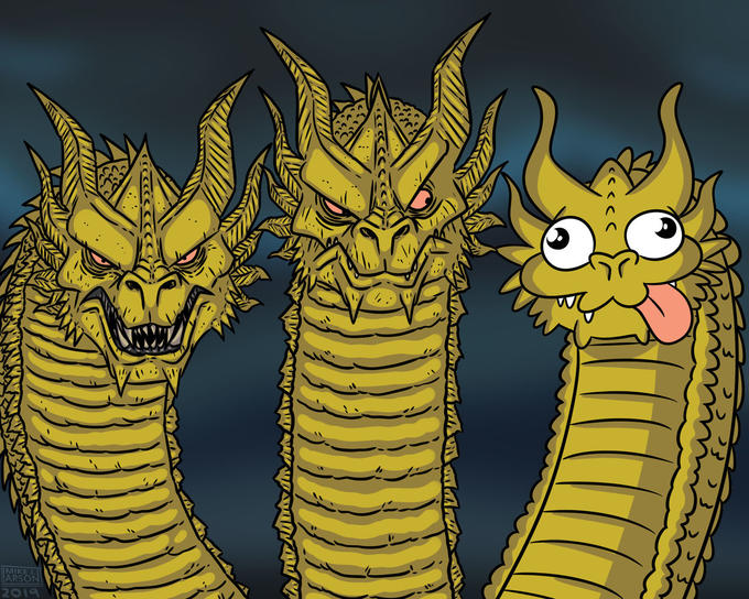 Sticker template meme three headed dragon dragon trois tetes hydre ghidorah debile fou normal sage dragon or cretin reaction drole par risibot