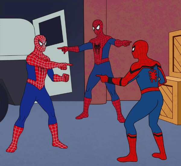 Sticker template meme spider man triple spiderman trois pointent accusation montre du doigt clones qui est qui doute identite reaction drole par risibot