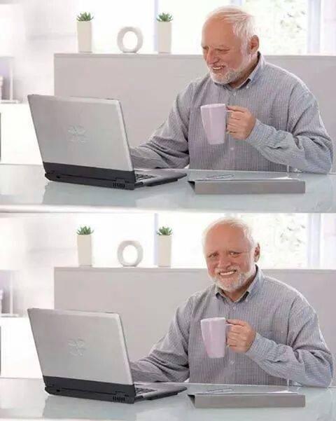 Sticker template meme hide the pain harold harold sourire force papy ordinateur cache la douleur souffrance gene vieux interieur mort reaction drole par risibot