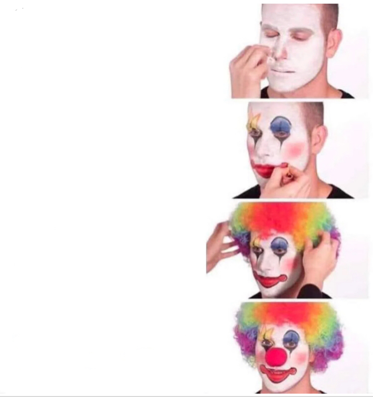 Sticker template meme clown applying makeup clown maquillage se ressembler bozo deni stupide ridicule transformation cirque honte reaction drole par risibot