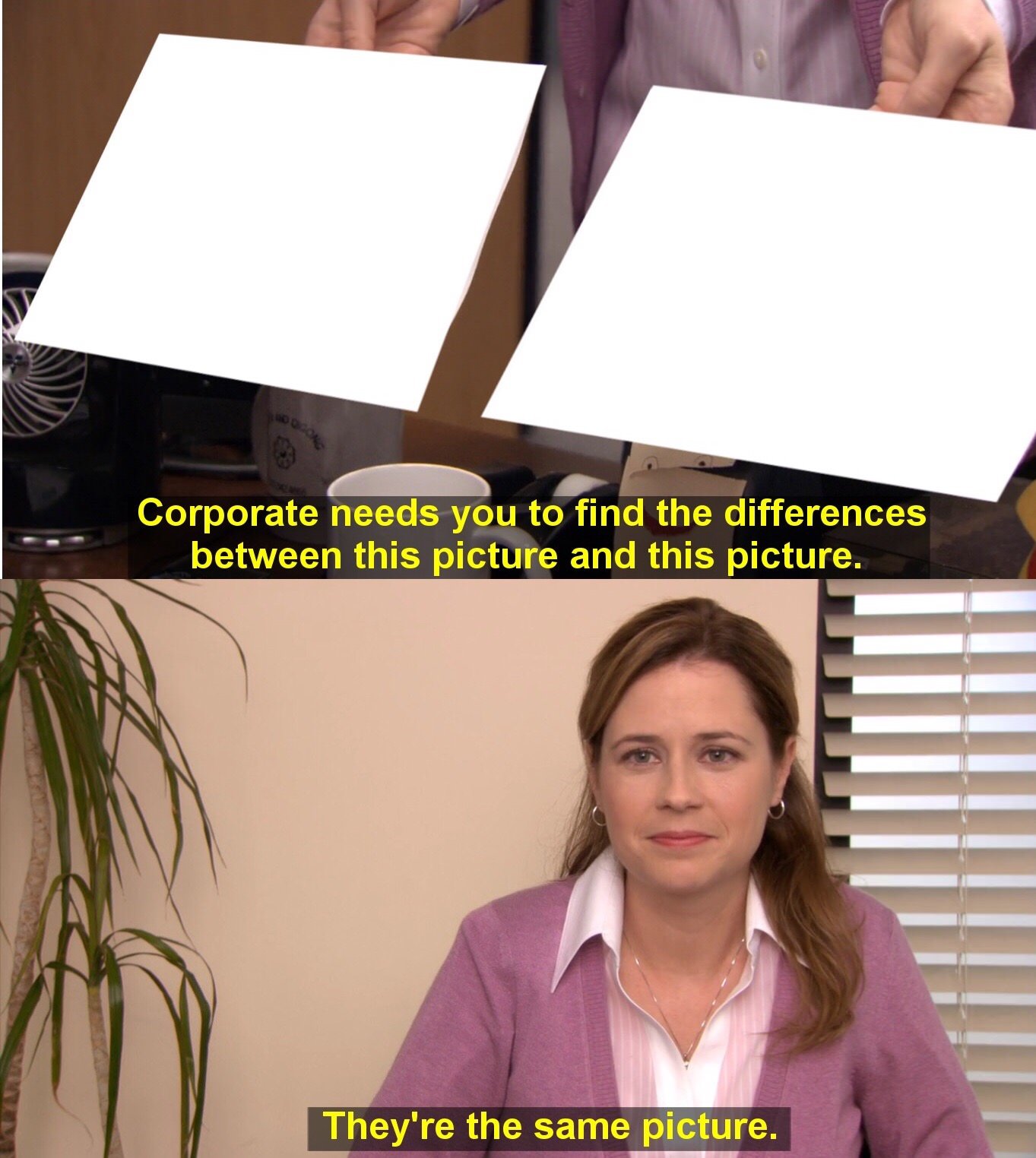Sticker template meme same picture the office jenna fischer pam differences corporate meme identique serie ennui quelle difference reaction drole par risibot