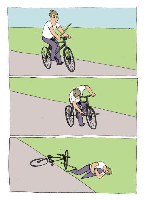 Sticker template meme bike fall velo chute baton roue sabotage victime accuse paye sa faute bicyclette accident reaction drole par risibot