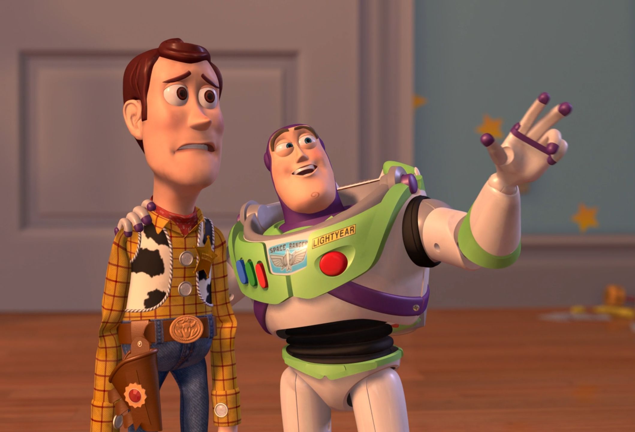 Sticker template meme x x everywhere buzz woody toy story partout tout le monde buzz eclair constat dessin anime pixar lastic reaction drole par risibot
