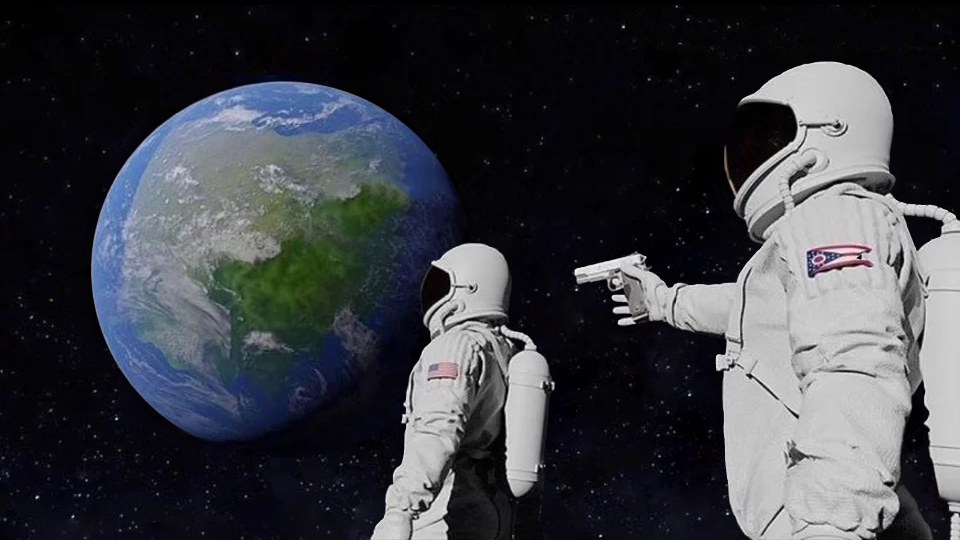 Sticker template meme always has been astronautes espace terre pistolet toujours ete revelation complot menace cosmonaute plat terre reaction drole par risibot