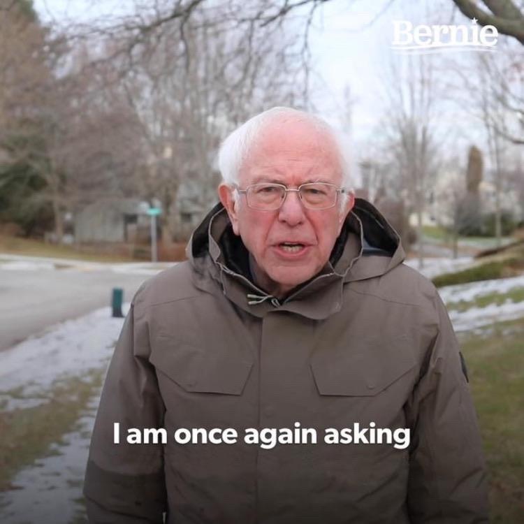 Sticker template meme bernie sanders demande encore soutien moufles argent don mendier politique support once again asking par risibot