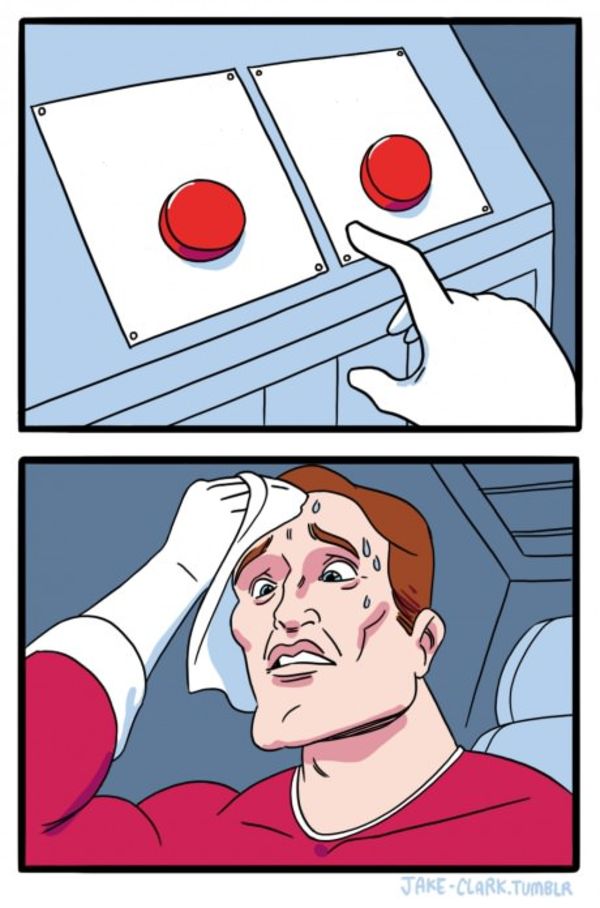 Sticker template meme two buttons boutons choix dilemme transpire hesitation decision stress sueur deux cornelien difficile reaction par risibot