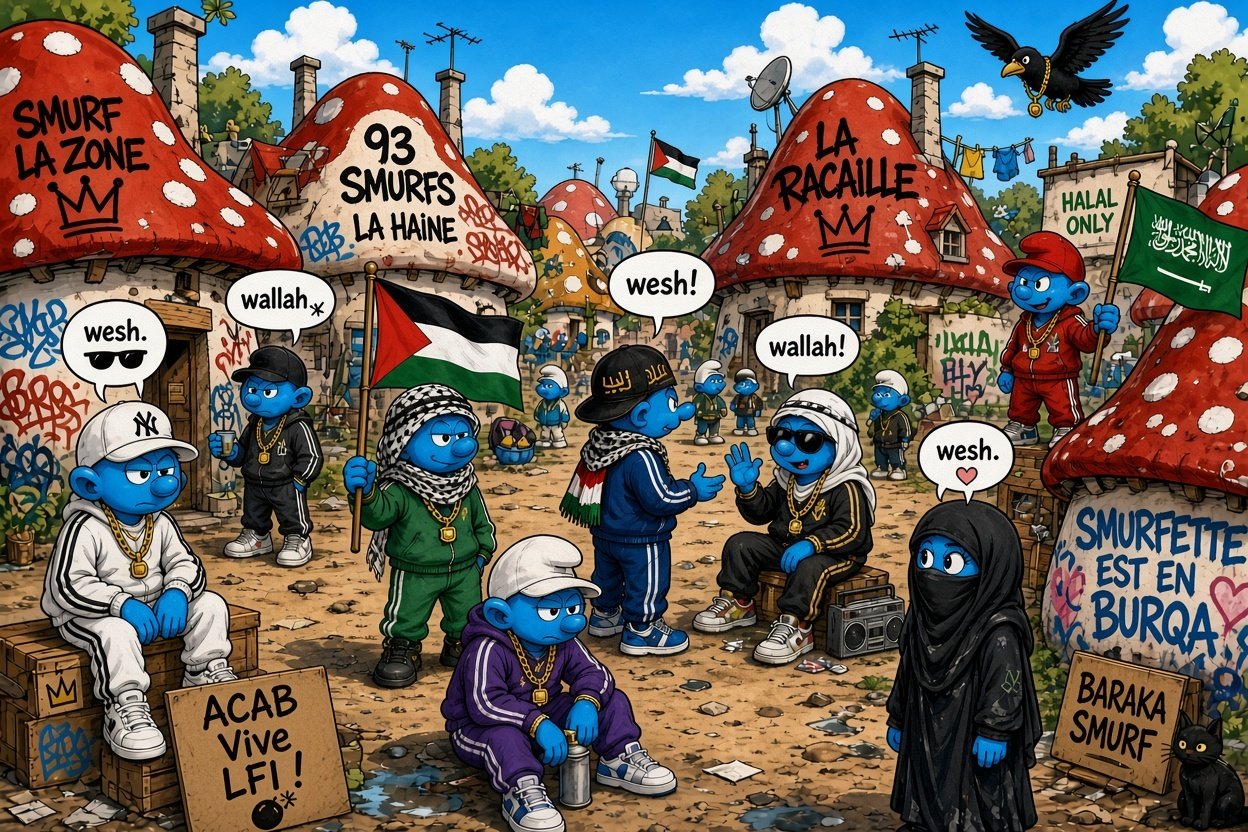 Sticker schtroumpfs village arabe palestine wallah wesh lfi emeute qlf islam islamiste gauche extreme shithole par Ginatack