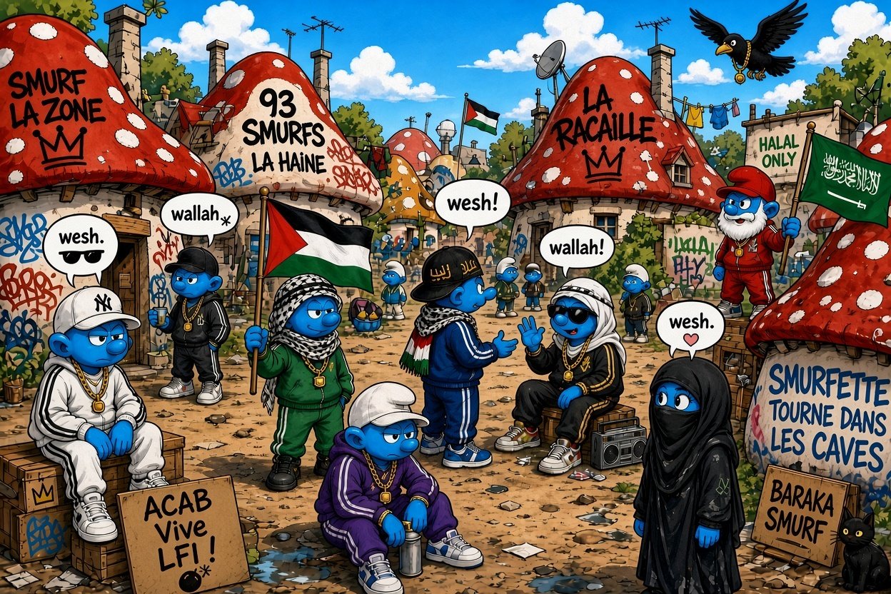 Sticker schtroumpfs arabe emeutes guerille qlf wesh wallah village vivre ensemble burqa shithole guerre civile par Ginatack