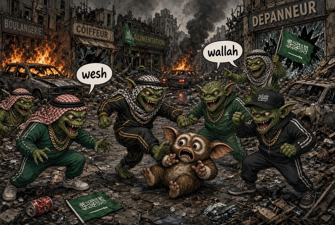 Sticker arabe emeutes guerille qlf wesh wallah village vivre ensemble burqa shithole guerre civile gremlins gizmo par Ginatack