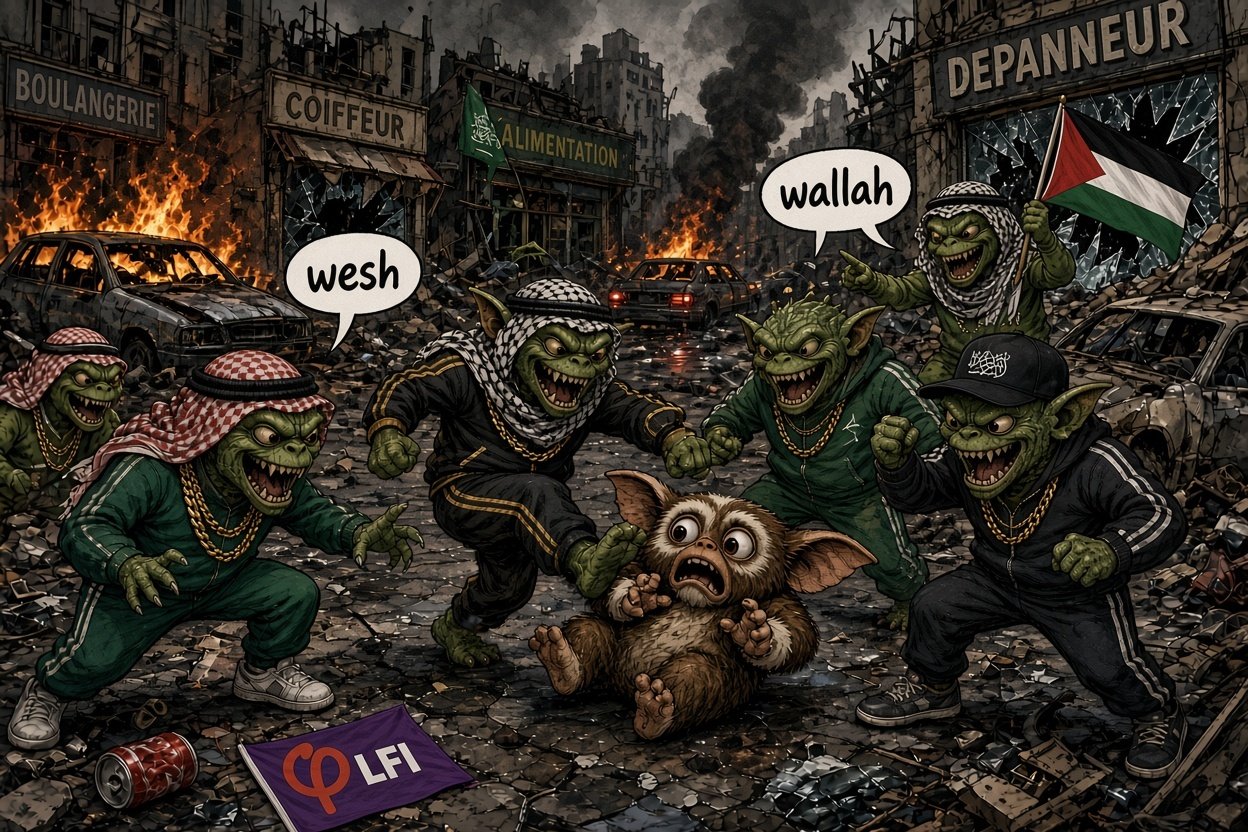 Sticker gremlins gizmo lfi emeutes melenchon gauche gauchiste arabe guerille qlf wesh wallah par Ginatack