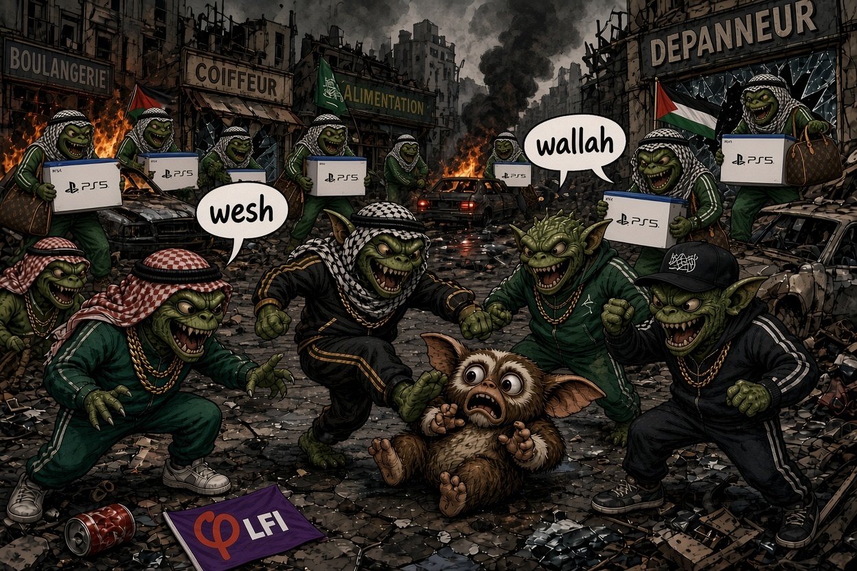 Sticker gremlins gizmo lfi emeutes melenchon gauche gauchiste arabe guerille qlf wesh wallah ps5 pillage vol par Ginatack