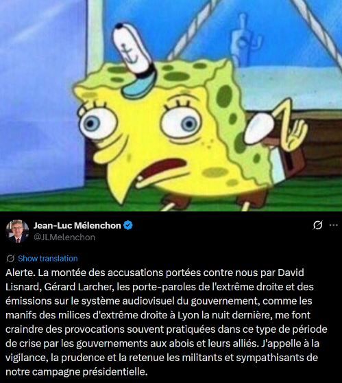 Mème meme mocking spongebob bobleponge moquerie sarcasme poulet imitation jlm melenchon par OEO