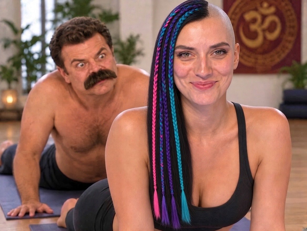 Sticker shana tbt9 moustache hanouna tpmp pervers yoga punk chien rasee cheveux tresses colorees par syrupballs